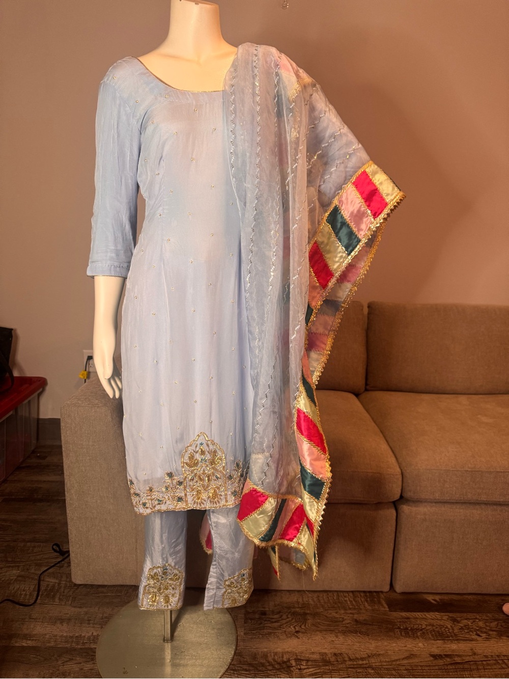 Light Blue Embroidered Salwar Kameez with Multi-Color Border Dupatta Small - Picture 3 of 6